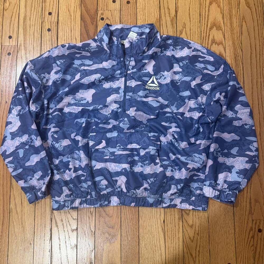 Reebok Women’s Camo Windbreaker Pullover L Blue Pink Half Zip Anorak